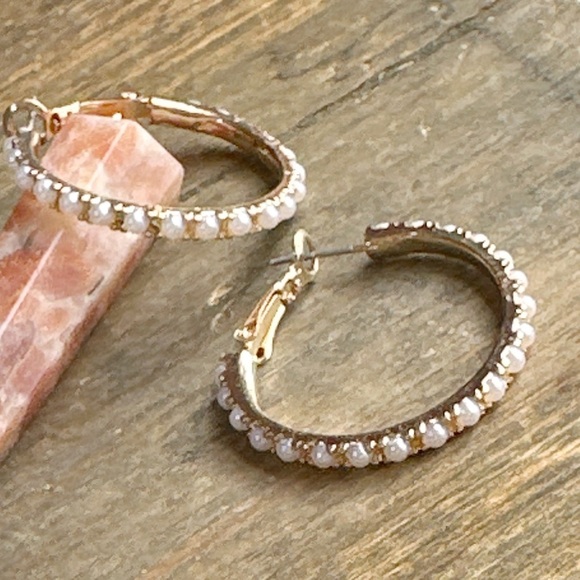 Alquimia Gold and White Hoop Earrings - Picture 1 of 4